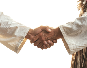 Close-up of a handshake between two figures in white shirts against a black backdrop, suggesting a agreement or partnership