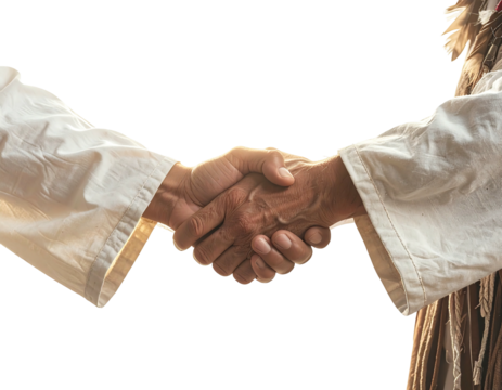 Close-up of a handshake between two figures in white shirts against a black backdrop, suggesting a agreement or partnership