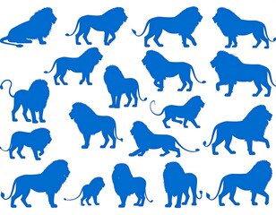 Blue silhouettes of lions in various poses against white backdrop