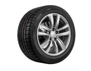 Automotive tire and rim against black background, tire tread and spoke design