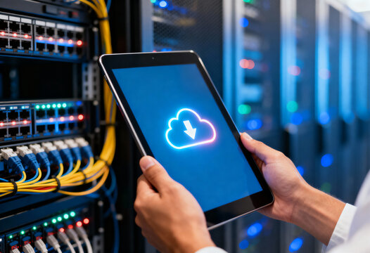 Hands holding a tablet showing a neon cloud storage icon in a glowing data center server room. - Powered by Adobe