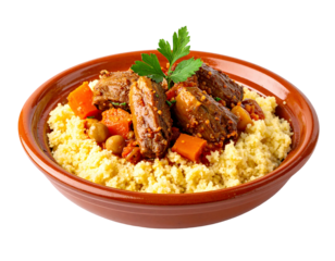 Couscous dish with tender meat, carrots, and chickpeas, garnished with parsley, in a terracotta bowl
