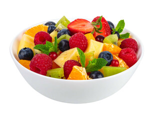 Bowl of vibrant fruit salad, colorful mix berries, melon, kiwi, citrus, and mint leaves on black