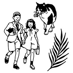 CREEPY CUTE VINTAGE SCHOOL CHILDREN CAT PALM STICKER