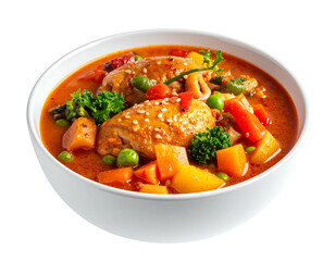 Bowl of vibrant orange stew with chicken, carrots, peas, broccoli, and other colorful vegetables in a white bowl