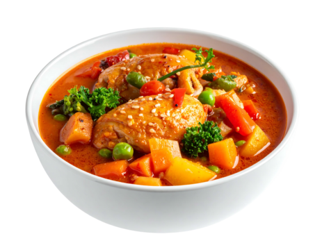 Bowl of vibrant orange stew with chicken, carrots, peas, broccoli, and other colorful vegetables in a white bowl