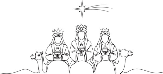 One line art of Three Wise Men on camels following star for Epiphany Day
