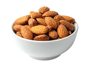 Bowl overflowing with glistening, salted almonds against a dark background