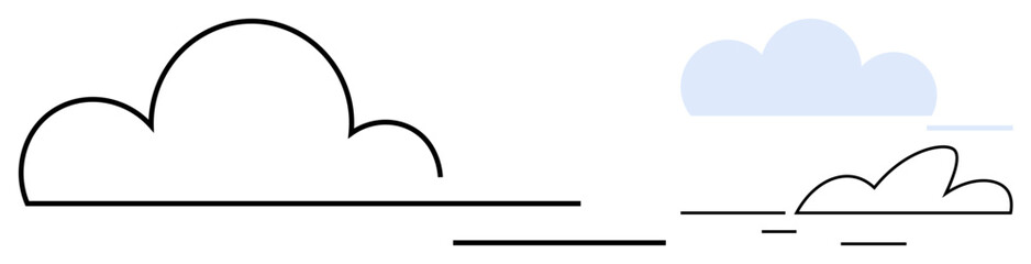 Stylized black outline clouds with linear accents alongside soft blue solid clouds. Ideal for weather, simplicity, sky, technology, abstract concepts, clean design, simple flat metaphor
