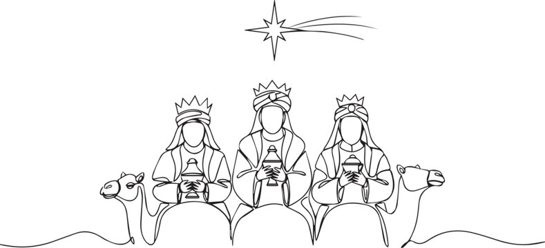 One line art of Three Wise Men on camels following star for Epiphany Day