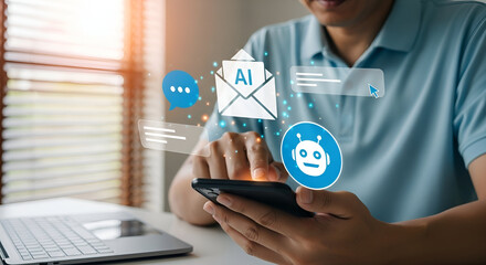 Person using smartphone with AI chatbot and communication icons