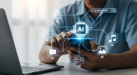 Person using smartphone with AI assistant interface