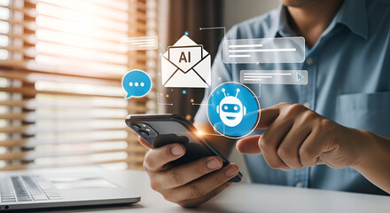 Person using smartphone with AI chatbot and email icons