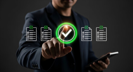 Person confirming completion of tasks with digital checklist