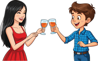 Cartoon characters, clinking glasses, joyful moment, orange drink, celebration theme, smiling faces, red dress, blue shirt, friendship scene, cheerful illustration