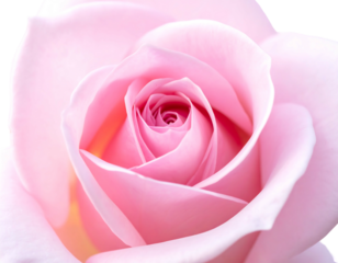 Close-up of a pale pink rose revealing its soft, curving petals spiraling into the center, highlighted by subtle light