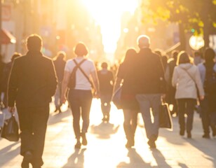 Blurry shot of a crowded pedestrian street at sunset, golden hour lighting