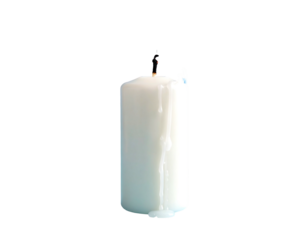 Close-up of a partially melted white candle with a dark background, showing wax drips and a small flame