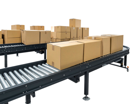 Boxes on conveyor belts, stacked and ready for shipping, against a dark, blurred background - Powered by Adobe