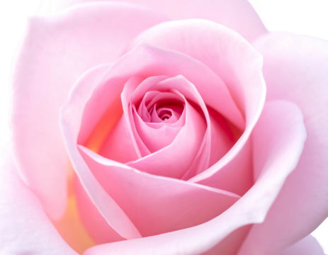 Close-up of a pale pink rose revealing its soft, curving petals spiraling into the center, highlighted by subtle light