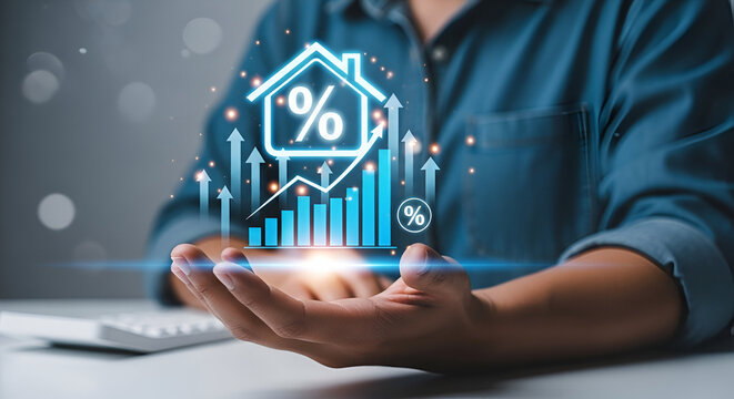 Person holding holographic house with mortgage interest graph