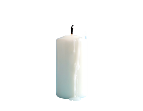 Close-up of a partially melted white candle with a dark background, showing wax drips and a small flame