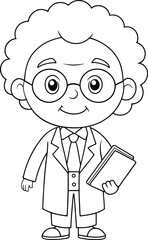 Cartoon scientist character holding book ready for knowledge and discovery fun