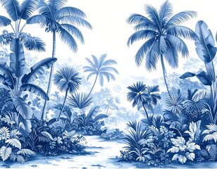 Blue-toned jungle scene with palm trees and lush foliage