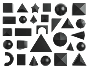 Arrangement of black 3D geometric shapes isolated on black; various forms are aligned neatly