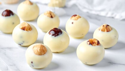 Close-up of glossy white chocolate bonbons topped with hazelnuts on marble