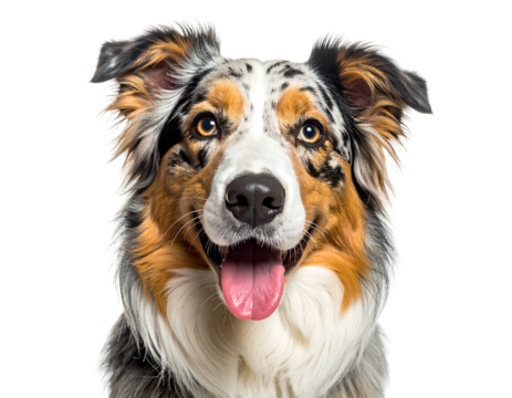 Close-up of a merle Australian Shepherd with amber eyes and tongue out, against a solid black background