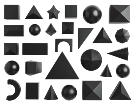 Arrangement of black 3D geometric shapes isolated on black; various forms are aligned neatly