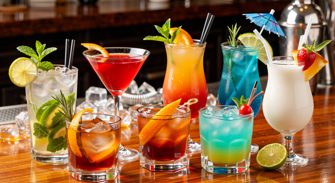 Colorful group of diverse cocktails and tropical drinks with garnishes on a glossy bar counter, perfect for a happy hour promotion
