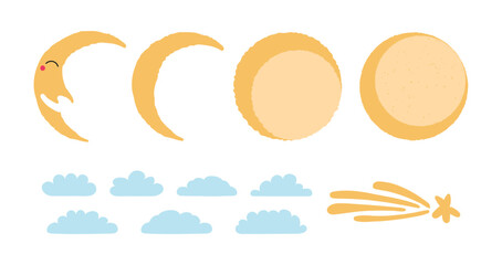 Celestial design elements collection. Fluffy, cumulus clouds, full, crescent moon, comet, shooting star, isolated on transparent. Hand drawn flat vector illustration. Night sky clip art set