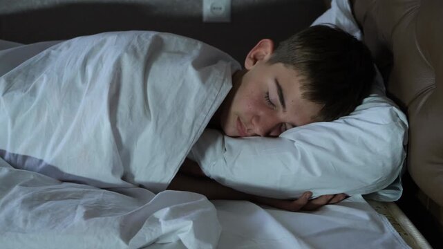 The camera moves closer to a sleeping boy. He tosses and turns restlessly in bed. Poor sleep caused by city noise, school or family stress, and flying mosquitoes.
