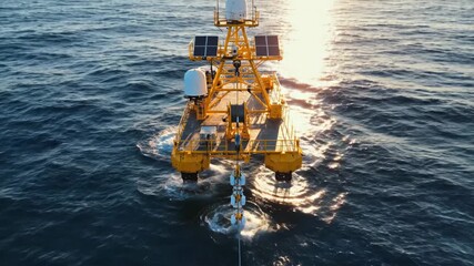 Marine platform moves through calm ocean waters under bright sunrise. Setting highlights advanced technology with solar panels and oceanic research purpose - Powered by Adobe