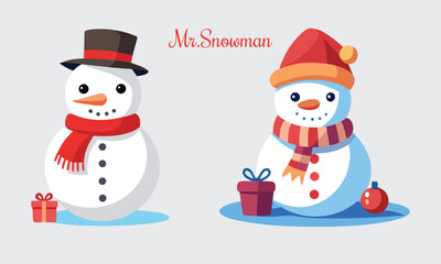 Two cute snowmen with hats and scarves, gifts, and a red ornament