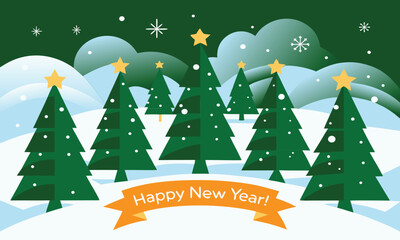Happy new year greeting with decorated christmas trees in snow
