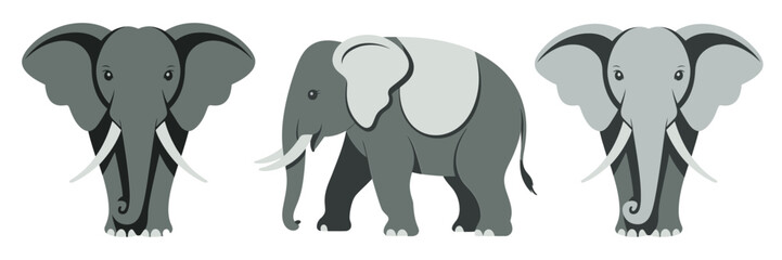 Elephant family collection, adult and calf silhouettes, side view animals, safari wildlife vector, grey tones, isolated white background