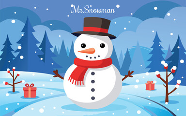 Cute snowman with a red scarf and hat in a snowy forest