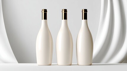 Three elegant white wine bottles with gold caps arranged on a minimalist table against a soft draped fabric background, showcasing modern design and sophistication in beverage presentation
