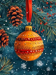 Christmas tree decoration.  Christmas ornament hanging on pine branches.