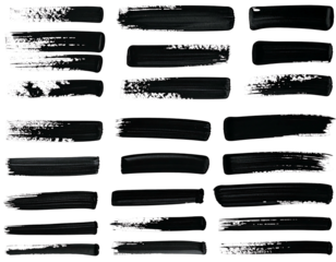 Array of 27 black paint strokes in various shapes and textures on a black background