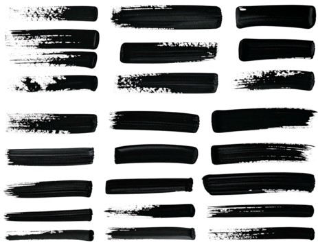 Array of 27 black paint strokes in various shapes and textures on a black background