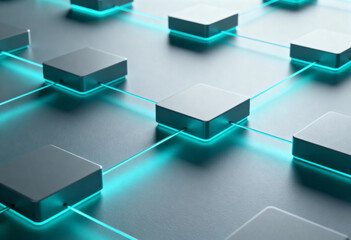 Abstract digital composition of connected modules forming a smooth, precise flow pattern with gradient illumination and cyan-gray palette, symbolizing business automation