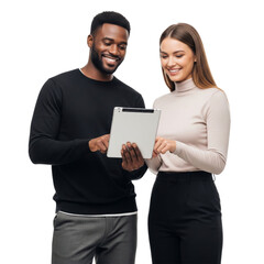 Two young people holding tablet and smiling isolated on white