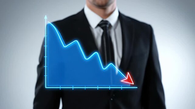 Torso View Of A Businessman In A Black Suit Touching A Downward Trending Blue Line Graph With Red Arrow On A Gray Background