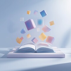 Open book with floating geometric shapes mockup concept