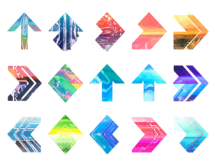 Array of colorful, abstract, decorative arrows of varying designs pointing in different directions on black