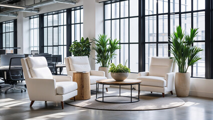 elegant modern office lounge area with cream armchairs, stylish coffee tables, and vibrant green plants, illuminated by large windows. features ideal copy space for interior design, corporate content